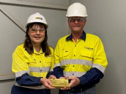 Lydia Weeber and Jon Price with first gold poured from the Crown Jewel deposit in over 100 years