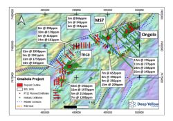 Figure 2: Omahola Project area showing deposits and significant regional multiple drillhole intercepts