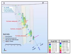 Figure 4 – Section along LD22DD001 showing the interpreted four main zones of mineralisation 
