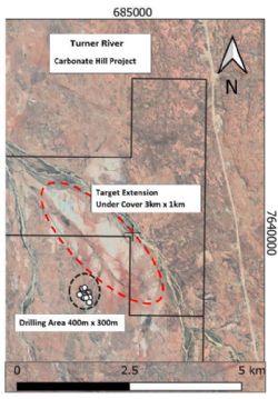 Figure 3: Carbonate Hill Prospect at Turner River project showing the RC drilling area