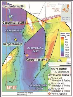 Map showing depth to base of Velkerri B shale across the Greater Carpentaria project area