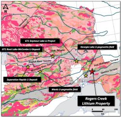 Figure 4: Location of the Rogers Creek Lithium Property relative to major Terrane boundaries.