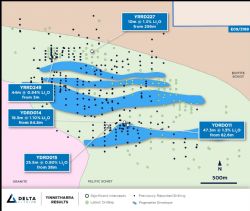 Figure 2: Malinda Prospect showing new drilling intercepts, pegmatite outlines