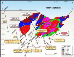 Figure 3: Pennys Find Long Section showing the resource and recent drilling
