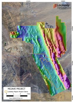 Figure 2; Map of the Mojave Project claims and existing USGS reduced to pole magnetic image.