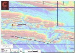 Figure 3. Rocklea map sheet overlain on TMI magnetic image showing the Flamingo target