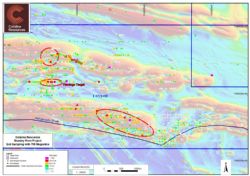 Figure 4. Anomalous Au, Cu, and As soil sample and magnetics coinciding with the structural trend