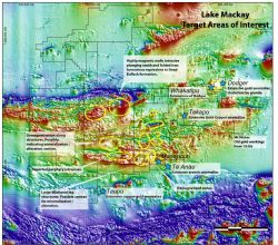 Figure 2. Lake Mackay Regional Project Area on regional magnetic data and showing known prospects