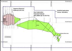 Figure 1. Area east of Arganara resource with the area of exploration potential as defined in April 2013 shown in green