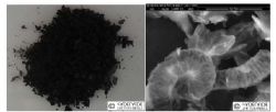 Prepared intercalated graphite microparticles (left) with characteristic worm-like structure