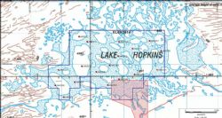 Figure 2. Drill holes on Lake Hopkins. Cultural Exclusion Zone shown in red in the southeast corner