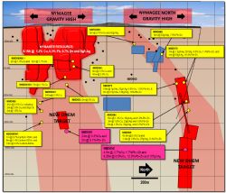 Nymagee Long Section showing existing resource, significant drill results outside the resource and the position of DHEM conductor targets