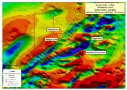 Figure 3: Dabakala concession highlighting prospective geological structures and the anomalous geochemical sampling from historic sampling