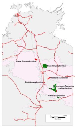 Rum Jungle Resources’ and subsidiaries’ phosphate projects. Granted ELs in green, EL applications in red and ML applications in pink.