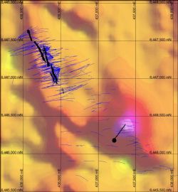 Magnetic Image map showing the location of drill hole HBRDC001. Existing drill traces shown in blue.