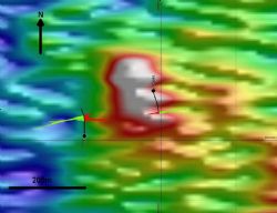 Figure 2. Plan View VTEM image of late time channel (48) over the Wilga Downs prospect near Byrock. The two previous holes are shown with copper (red) and zinc (green) downhole values. Maximum values are 0.2% Cu, 0.7% Zn.