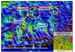 Figure 2. Venus Metals Curara Well tenement (ELA 52/3069) over the regional magnetic image showing Red Bore-style breccia pipe targets (Curara P1-4) in yellow.