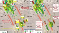 Fig 1. A) Stacked Au mineralised corridors at Matilda with limited drilling; B) M6 North and M10 East drill targets and results