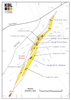 Figure 2. 500N section of G Lode with selected significant historical drill intercepts