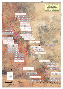 Figure 3 – Taruga Gold Limited – Borobon Prospect drill hole location and significant results