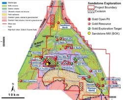 Figure 2. Sandstone Gold Project Tenure Outline and Gold Occurrences Over Troy Resources Ltd Geological Interpretation
