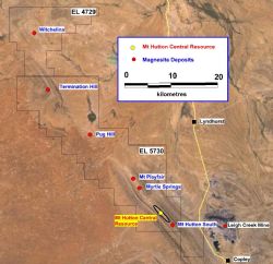 Figure 1. Location of the Mt Hutton Central Resource and nearby magnesite deposits