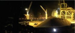 Figure 2: Loading of maiden bauxite shipment at midnight. Ship loading was completed at 6.20am today