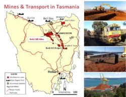 Map showing ABx mines and transport infrastructure in Tasmania, Australia.