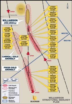 Figure 2. Plan view of Williamson and Carrol-Prior structure and historical drilling results.