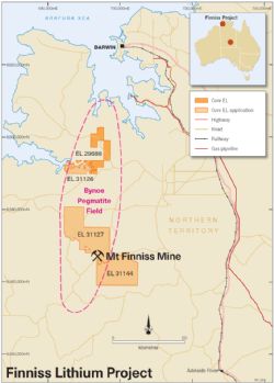 Figure 4. Core’s Finniss Lithium Project tenements in the Bynoe pegmatite field, NT.