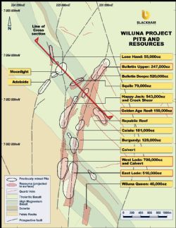 Figure 1. Wiluna Mine Plan with main faults, resources & the underexplored Moonlight fault
