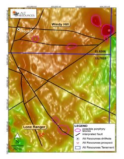 Figure 2. Location of polymetallic IRGS target prospects Lone Ranger and Windy Hill relative to interpreted structures from aerial magnetics (RTP).