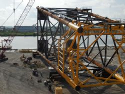 View of platform jacket lying on its side in preparation for transportation from its construction site in south Louisiana to the field area in the Gulf of Mexico.