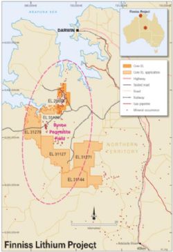 Figure 2. Core’s Finniss Lithium Project tenure covering close to 500km2 in the Bynoe Pegmatite Field near Darwin in the NT.