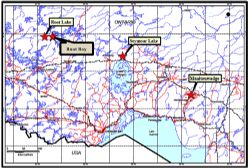 Figure 1. Location of Ardiden Projects (Root Lake Lithium, Seymour Lake Lithium, Manitouwadge Graphite) in Ontario, Canada.