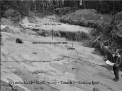Overview of Trench 5 at North Aubry prospect showing the tantalum mineralisation. Image sourced from 2006 Dimmell and Morgan report.