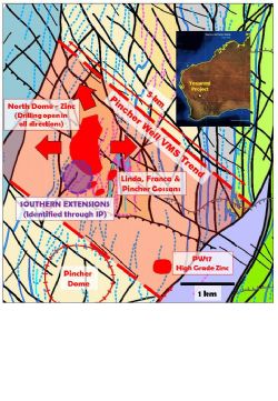Figure 2 – Interpreted Pincher Well geology with prospects, mineralisation defined by drilling (red) and untested IP target (purple)