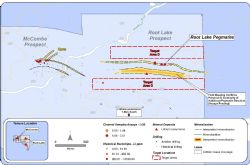 Figure 9. Overview of the Root Lake project showing the known and newly identified pegmatite exposures and the interpreted mineralised zones and structures. Also highlighted are some of the channel sample locations and the areas of interests for further exploration.
