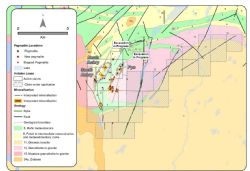 Figure 2. Overview of Seymour Lake Lithium Project showing new pegmatite exposures, faults and dykes and the