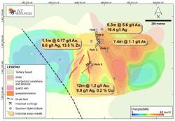 Figure 5. Significant results from historical drilling at the Rock Lodge prospect, Myalla, with IP chargeability overlain on mapped geology.