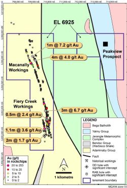 Figure 6. Fiery Creek project showing the distribution of historical workings in the Macanally and Fiery Creek areas, results from historical rock chip sampling and significant historical drilling results.