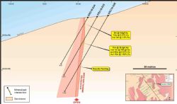 Cross section 2980 showing gold mineralisation intersected in drill holes ERC16-34 and ERC16-35
