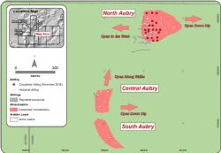 Figure 5. Overview showing the interpreted mineralisation zones and pegmatite exposures at North Aubry, Central Aubry and South Aubry prospects.