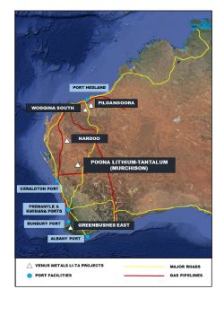 Venus Metals lithium-tantalum project locations in Western Australia.