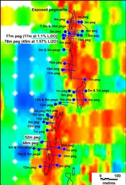 Figure 1. Far West (North and Central) RC collars and pegmatite drill intersections ( in metres) overlain on lithium in soils image and target zones, Finniss Lithium Project, NT.