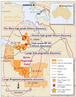 Drill target locations, Finniss Lithium Project near Darwin, NT.