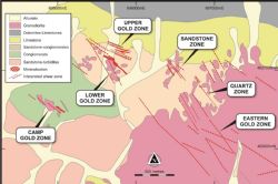 Location map of drilling showing quartz zone and the sandstone zone where visible gold and high grade gold mineralisation is widespread.