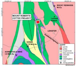 Location map of the Mt Roberts-Cottee Project near Leinster and the Agnew Gold Camp in Western Australia.