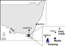Map of New South Wales showing the location of the Company's projects south of Canberra.