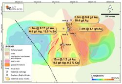 Significant results from historical drilling at the Rock Lodge prospect, Myalla, with IP chargeability overlain on mapped geology.